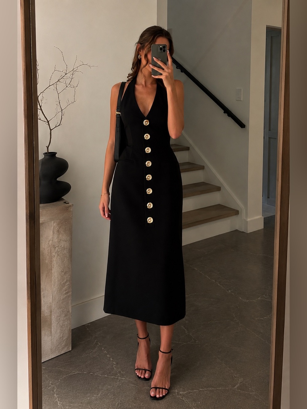 The Wolf Gang Minimalist Halter Maxi Dress Gold Button Noir Black M